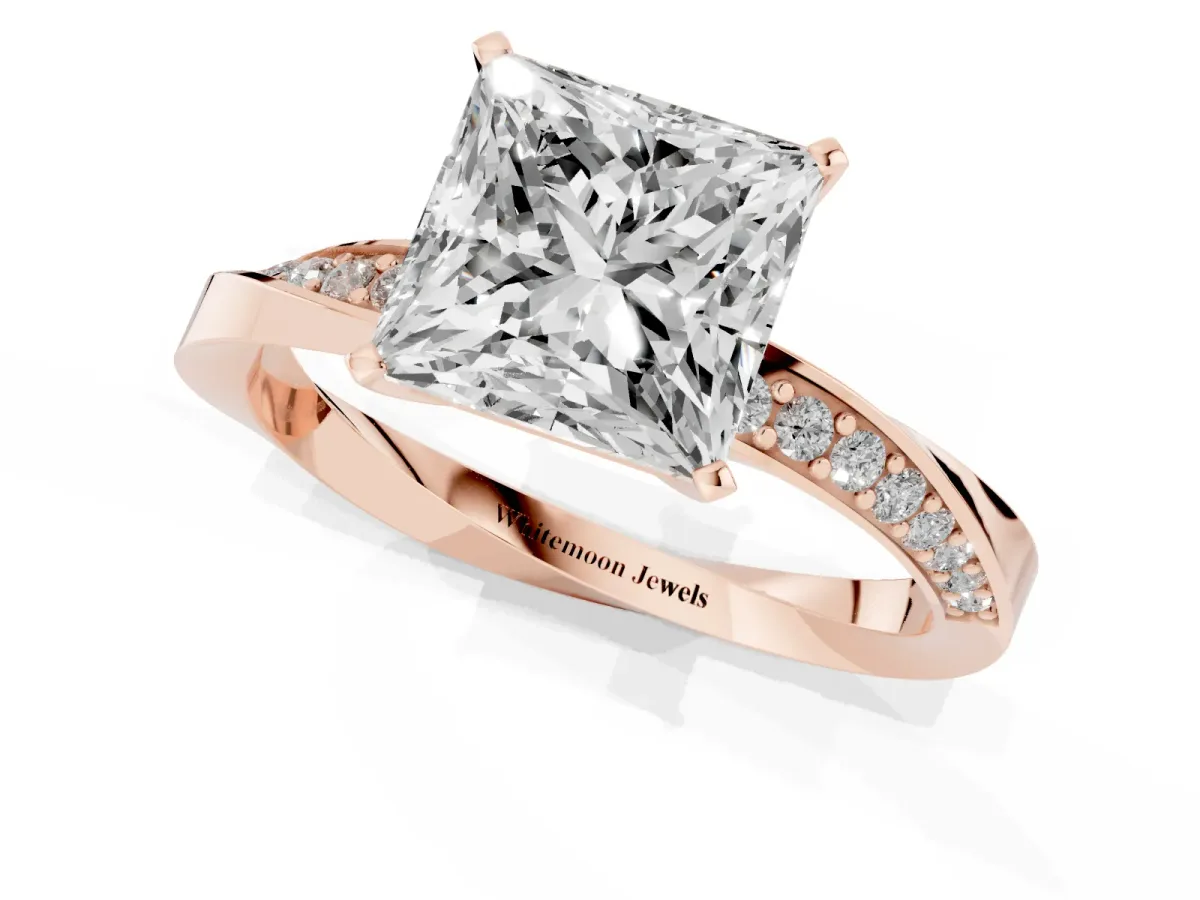 Princess Cut Diamond Engagement Ring with Side Stone Accents and Four-Prong Setting Rose gold