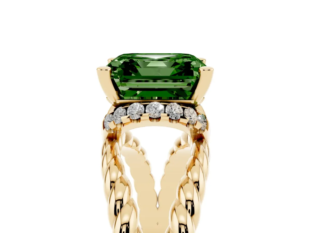 Fancy Green Asscher Cut Halo Twisted Band Four-Prong Ring Yellow gold