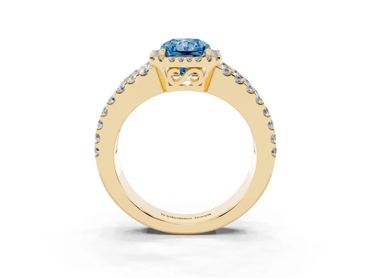 Fancy Blue Radiant Cut Cut Halo Split Shank Diamond Ring with Four-Prong Setting Yellow gold