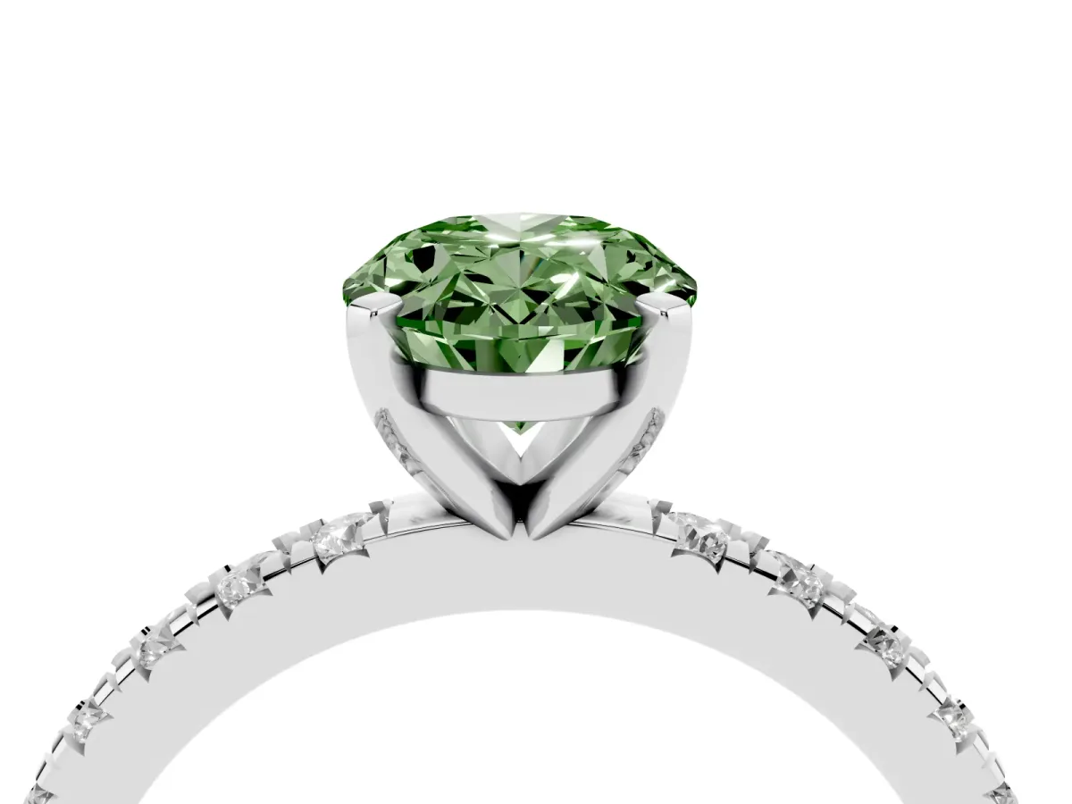 Fancy Green Oval Cut Diamond Pavé Band Solitaire with Four-Prong Setting Silver