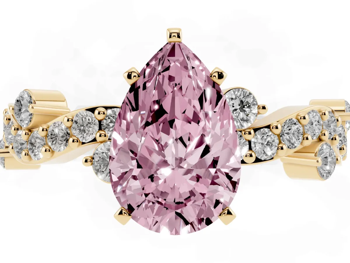 Fancy Pink Pear Cut Cut Solitaire Diamond Twisted Band with Pave Setting Yellow gold