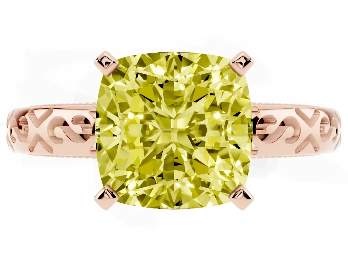 Fancy Yellow Cushion Cut Solitaire Engagement Ring with Scrollwork Band and Four-Prong Setting Rose gold