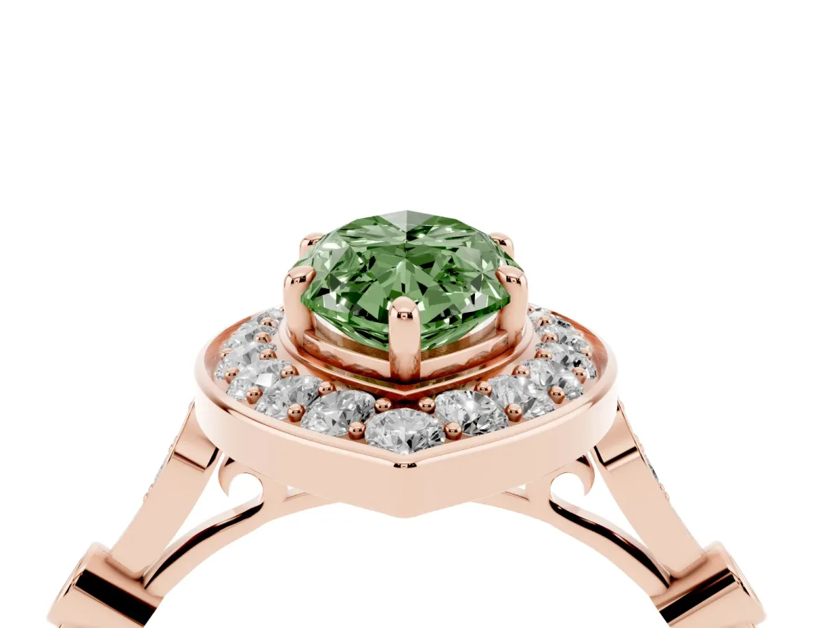Fancy Green Marquise Cut Halo Diamond Engagement Ring with Twisted Band and Four-Prong Setting Rose gold