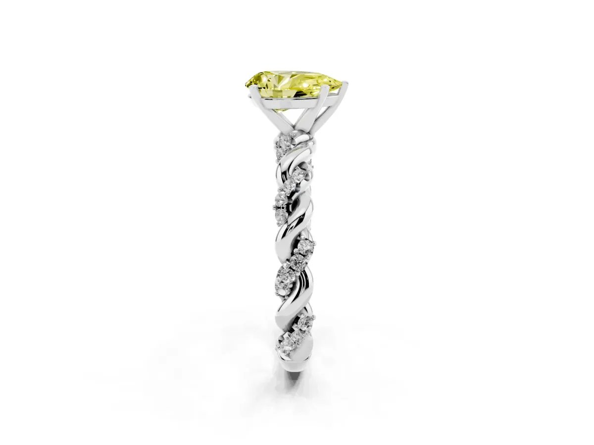 Fancy Yellow Pear Cut Diamond Solitaire Ring with Twisted Band and Pavé Accents Platinum