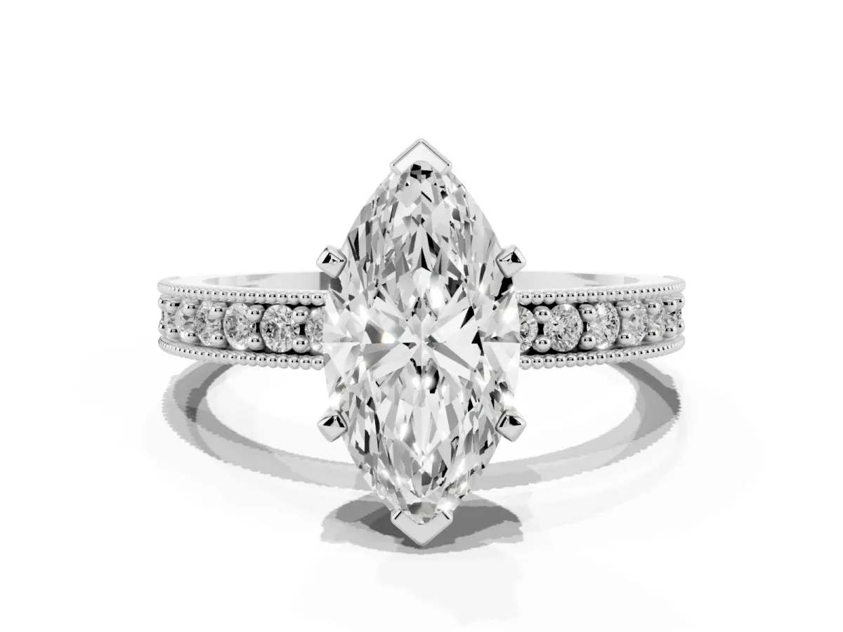 Marquise Cut Diamond Milgrain Pavé Engagement Ring with Four-Prong Setting Silver