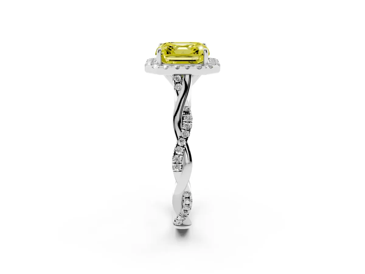 Fancy Yellow Asscher Cut Halo Twist Band Solitaire Ring Silver