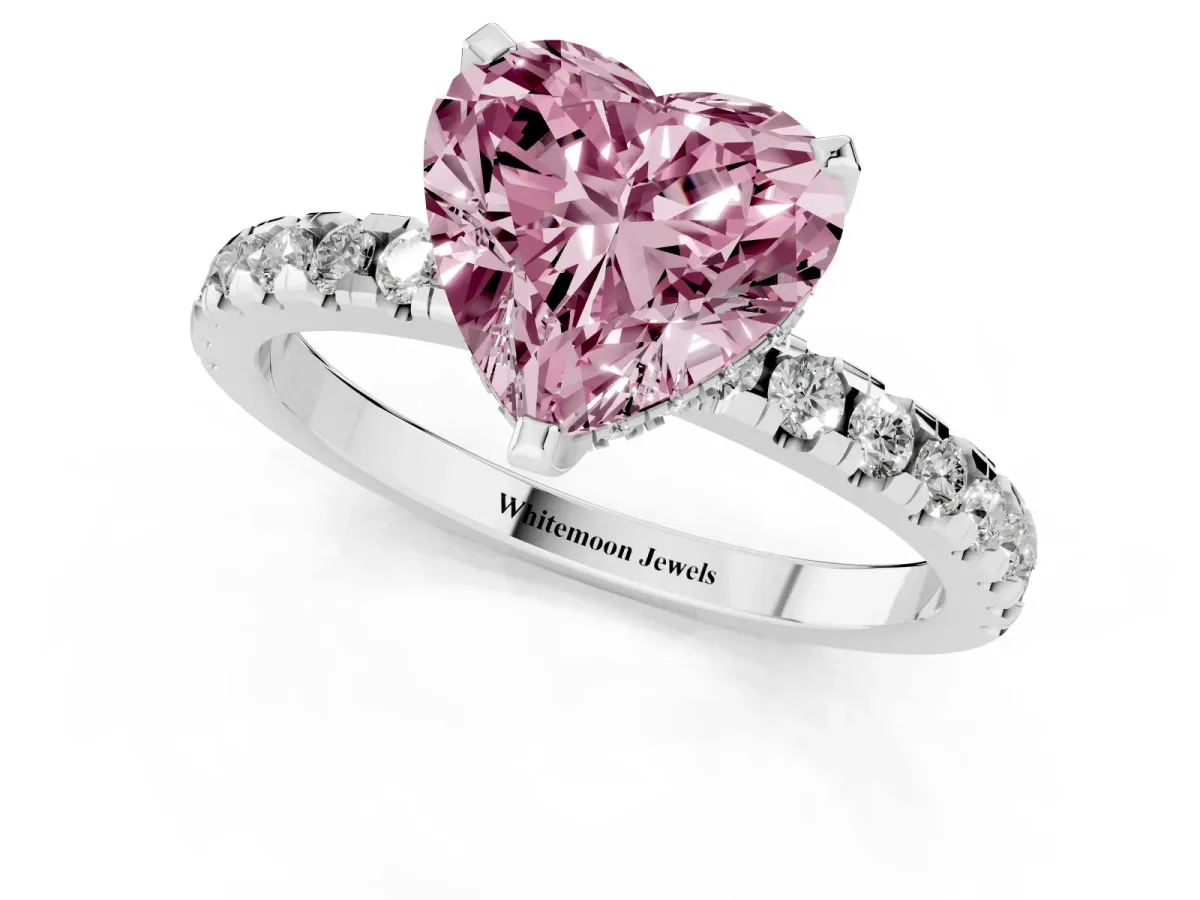 Fancy Pink Heart Cut Diamond Solitaire Ring with Round Pavé Band and Four-Prong Setting Platinum