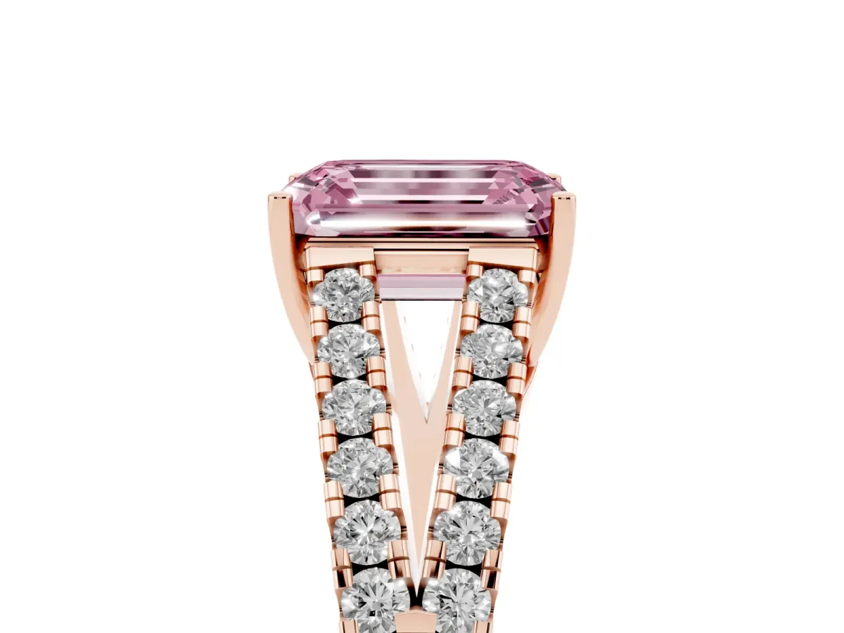 Fancy Pink Emerald Cut Diamond Split Shank Pavé Engagement Ring with Four-Prong Setting Rose gold