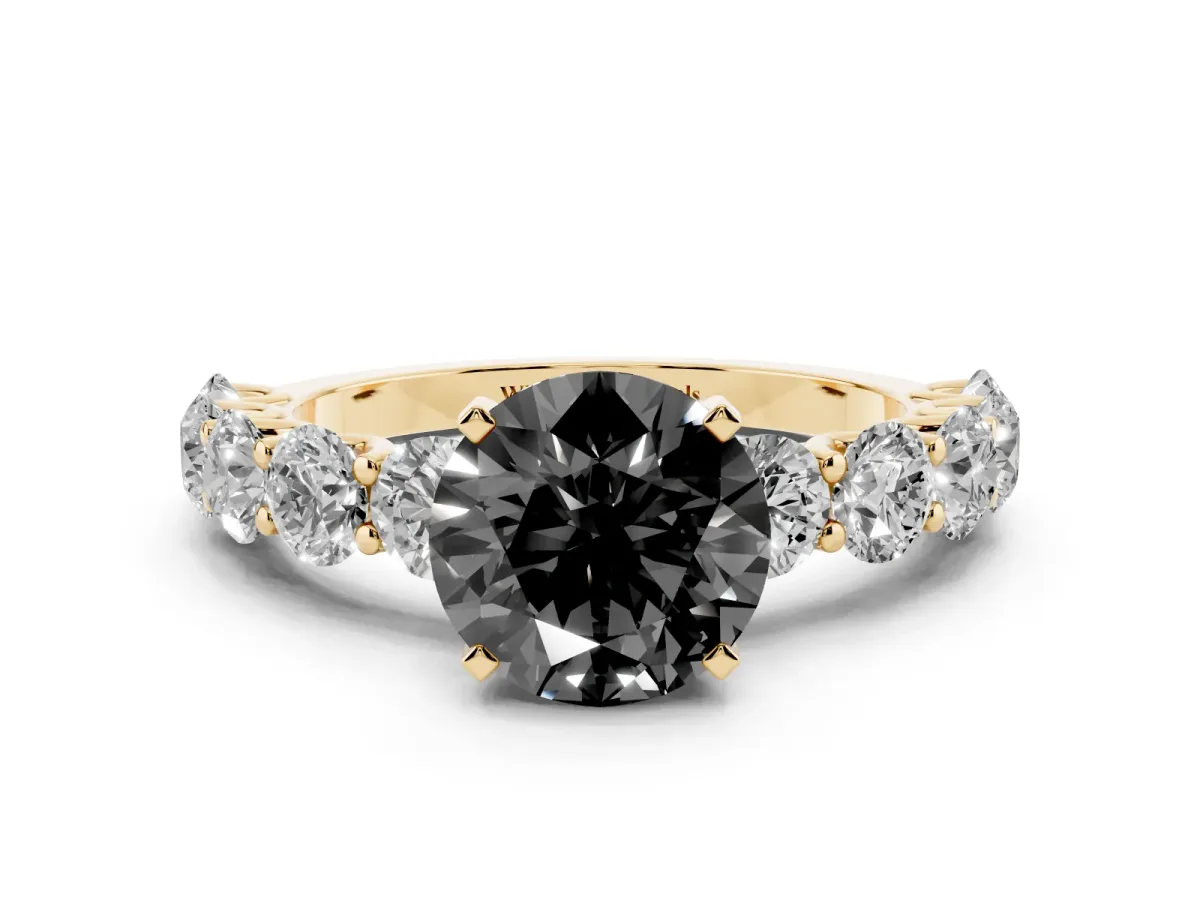 Fancy Black Round Cut Diamond Prong Setting with Side Stones on a Pave Band Yellow gold
