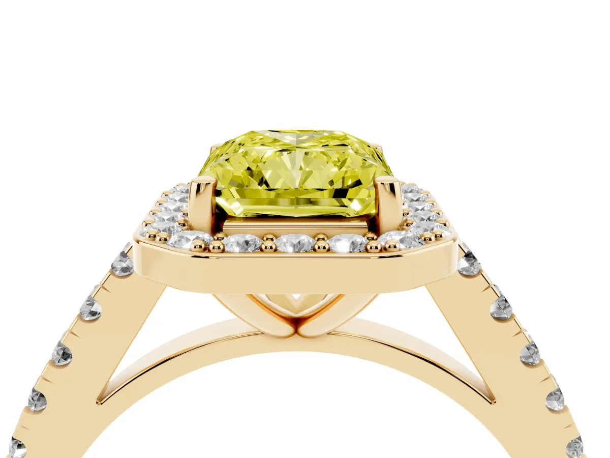 Fancy Yellow Radiant Cut Diamond Halo Ring with Round Pavé Split Shank and Prong Setting Yellow gold