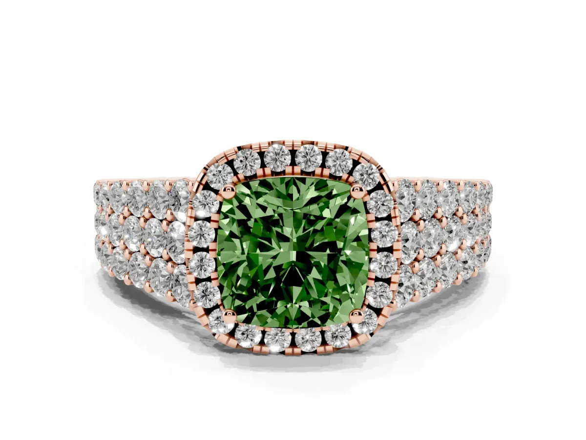 Fancy Green Cushion Cut Diamond Halo Engagement Ring with Triple Row Round Pavé Band and Prong Setting Rose gold