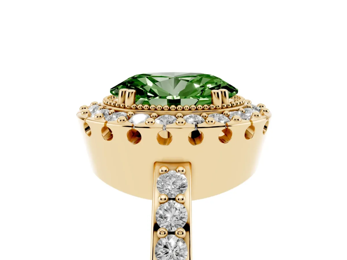 Fancy Green Oval Cut Diamond Halo Ring with Pavé Band and Prong Setting Yellow gold