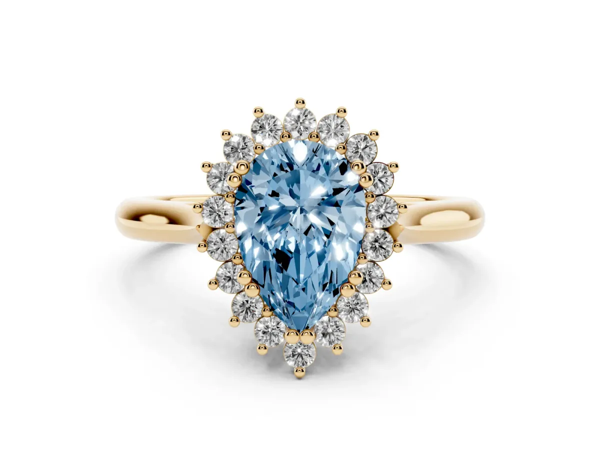 Fancy Blue Pear Cut Cut Diamond Halo Ring with Solitaire Band and Prong Setting Yellow gold