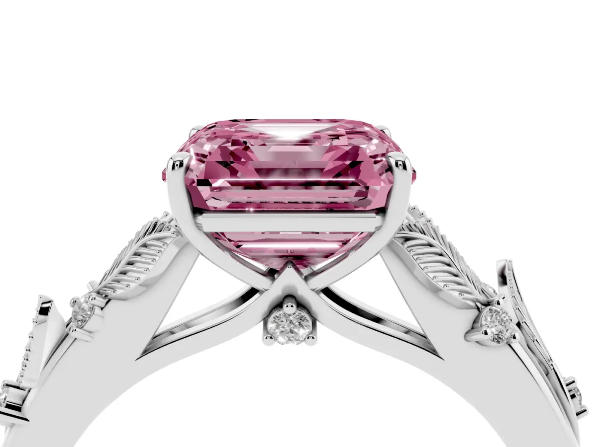 Fancy Pink Asscher Cut Diamond Solitaire Ring with Leaf Motif Band and Four-Prong Setting Platinum
