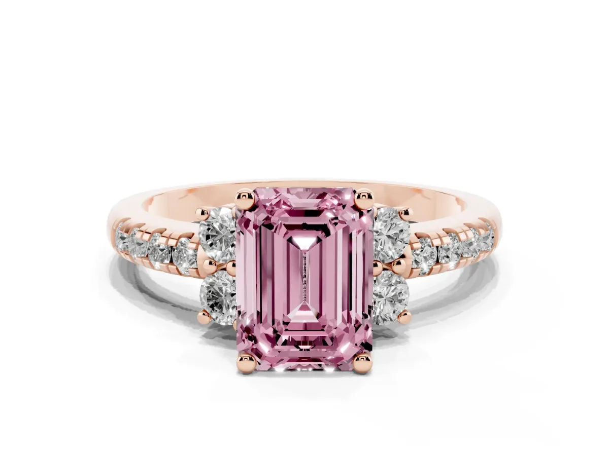 Fancy Pink Emerald Cut Diamond Three-Stone Pave Band with Four-Prong Setting Rose gold