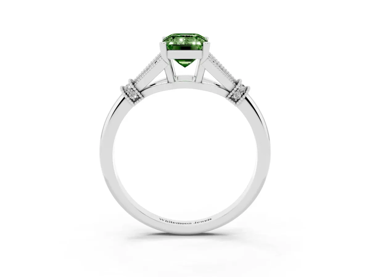 Fancy Green Emerald Cut Diamond Solitaire Ring with Floral Filigree and Pave Accents Silver