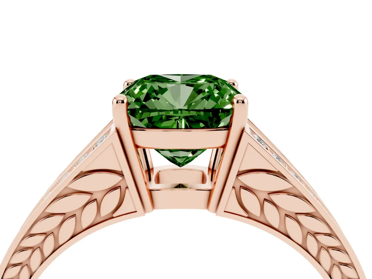 Fancy Green Cushion Cut Diamond Split Shank Ring with Pavé Band and Four-Prong Setting Rose gold