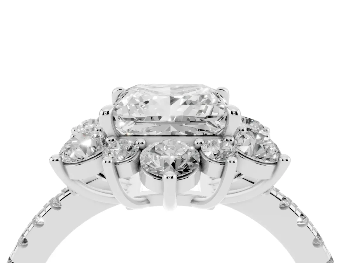 Princess Cut Diamond Floral Halo Ring with Round Pavé Band and Prong Setting Silver