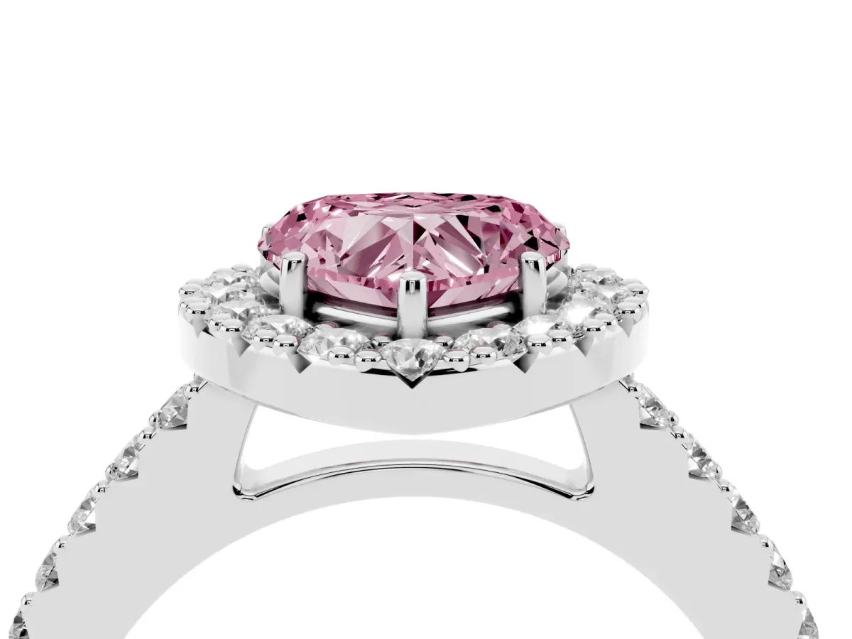 Fancy Pink Heart Cut Halo Diamond Pavé Solitaire Ring Silver