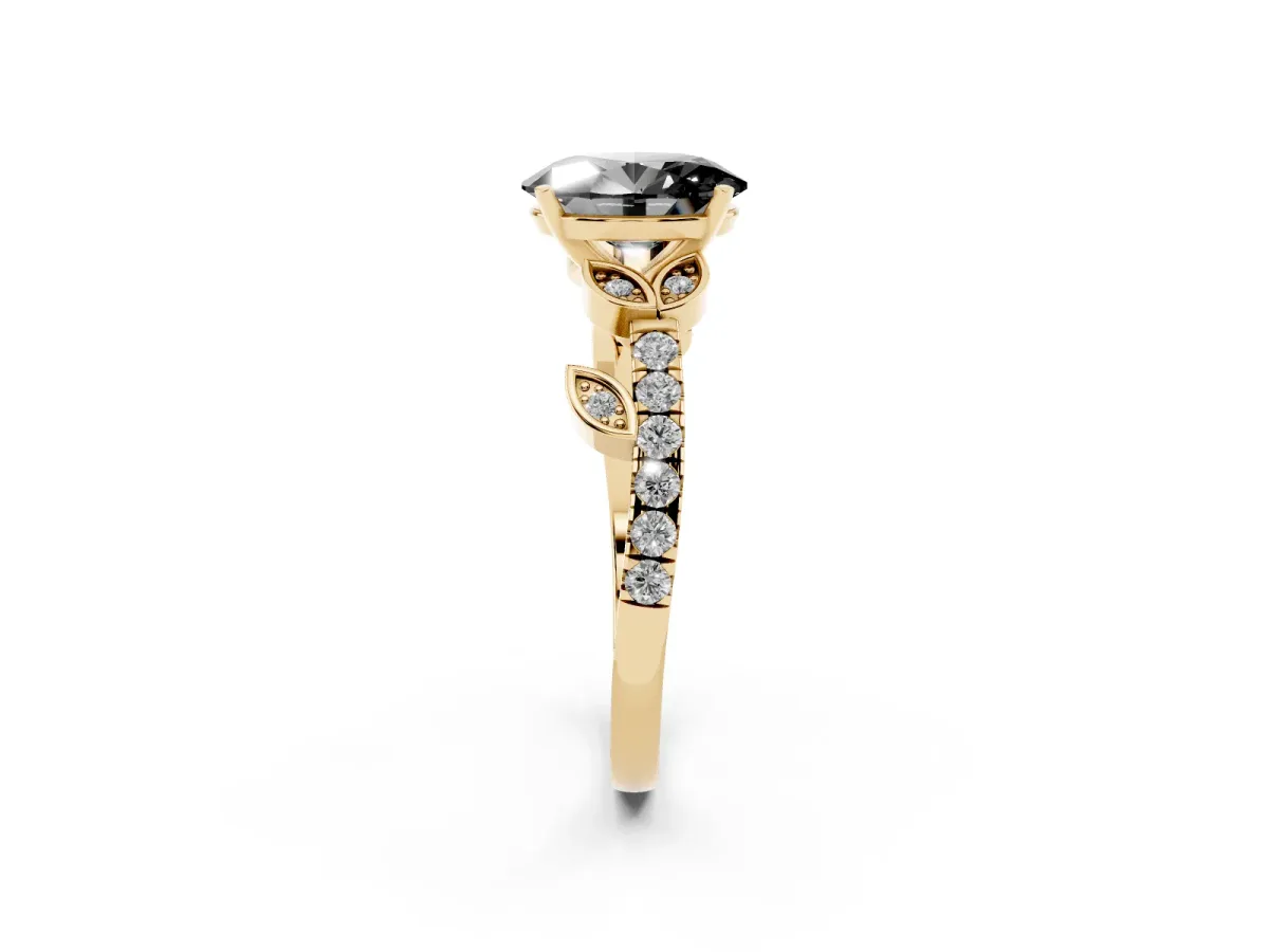 Fancy Black Oval Cut Solitaire Leaf-Inspired Diamond Ring with Pavé Band and Four-Prong Setting Yellow gold