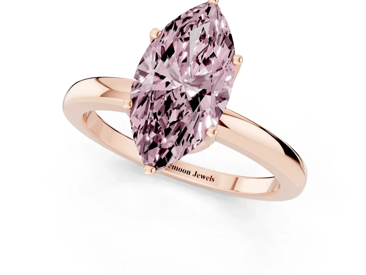 Fancy Pink Marquise Cut Solitaire Diamond Ring with Six-Prong Setting on a Classic Band Rose gold