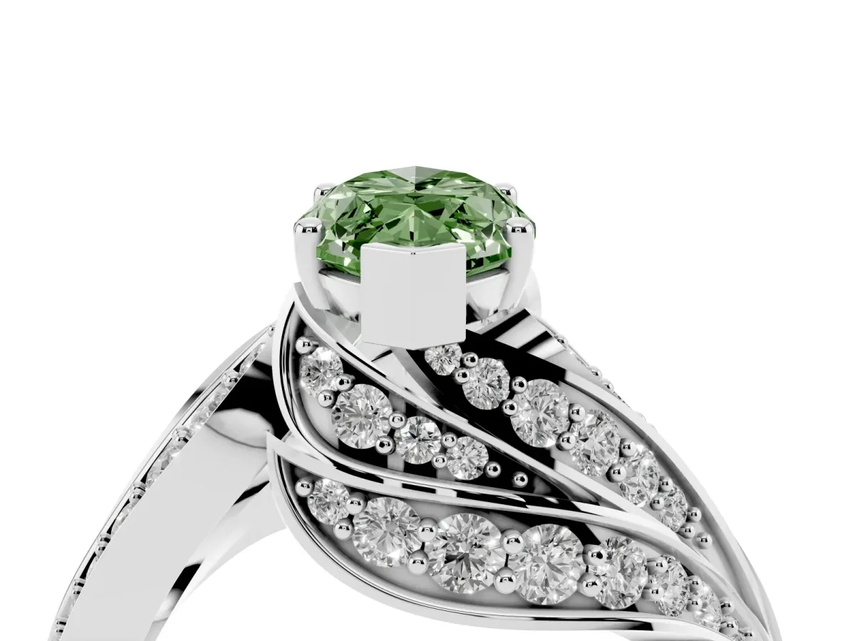 Fancy Green Marquise Cut Diamond Solitaire Ring with Prong Setting and Twisted Pavé Band Silver