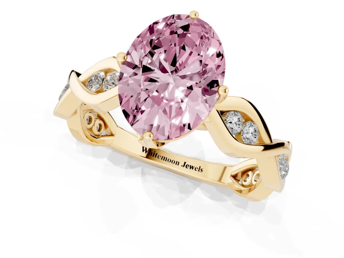 Fancy Pink Oval Cut Solitaire Twist Band with Leaf Prong Setting Yellow gold