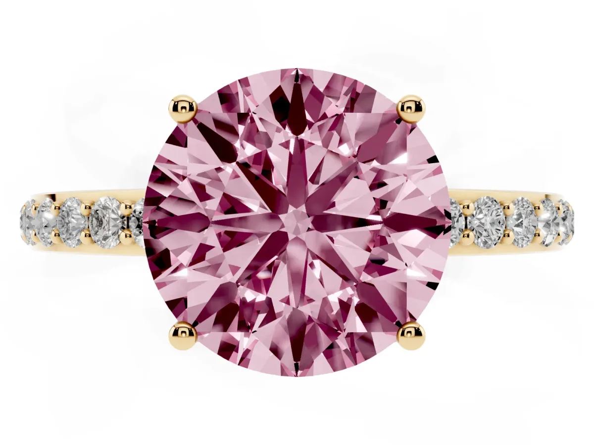Fancy Pink Round Cut Diamond Solitaire Ring with Pavé Band and Hidden Halo Yellow gold