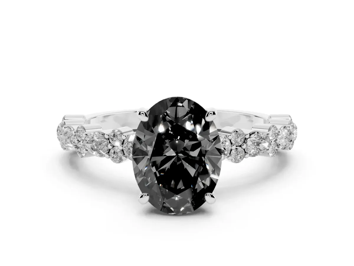Fancy Black Oval Cut Diamond Side Stone Solitaire Ring with Round and Four-Prong Setting Silver