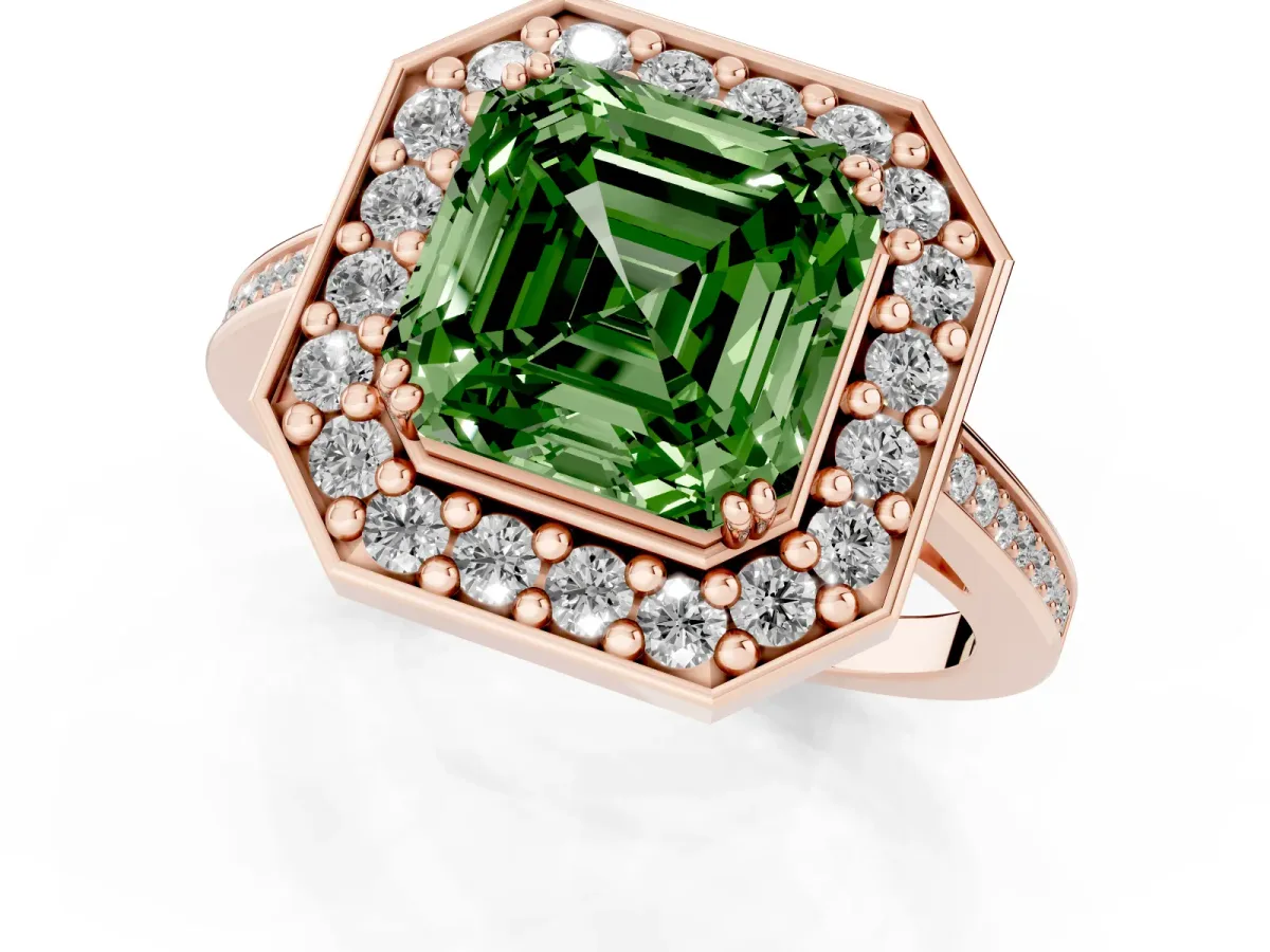 Fancy Green Asscher Cut Diamond Halo Ring with Split Shank and Four-Prong Setting Rose gold