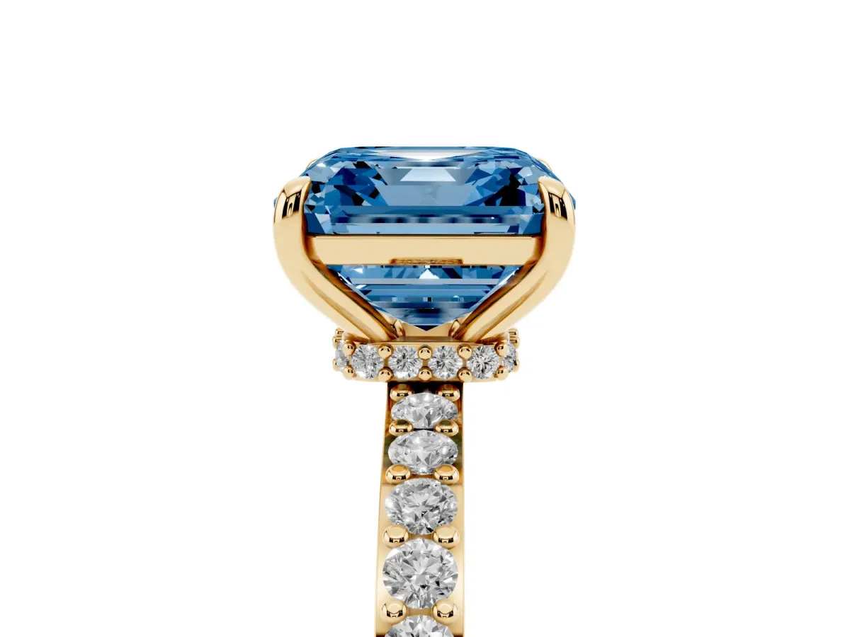 Fancy Blue Asscher Cut Diamond Solitaire Engagement Ring with Pavé Band and Four-Prong Setting Yellow gold