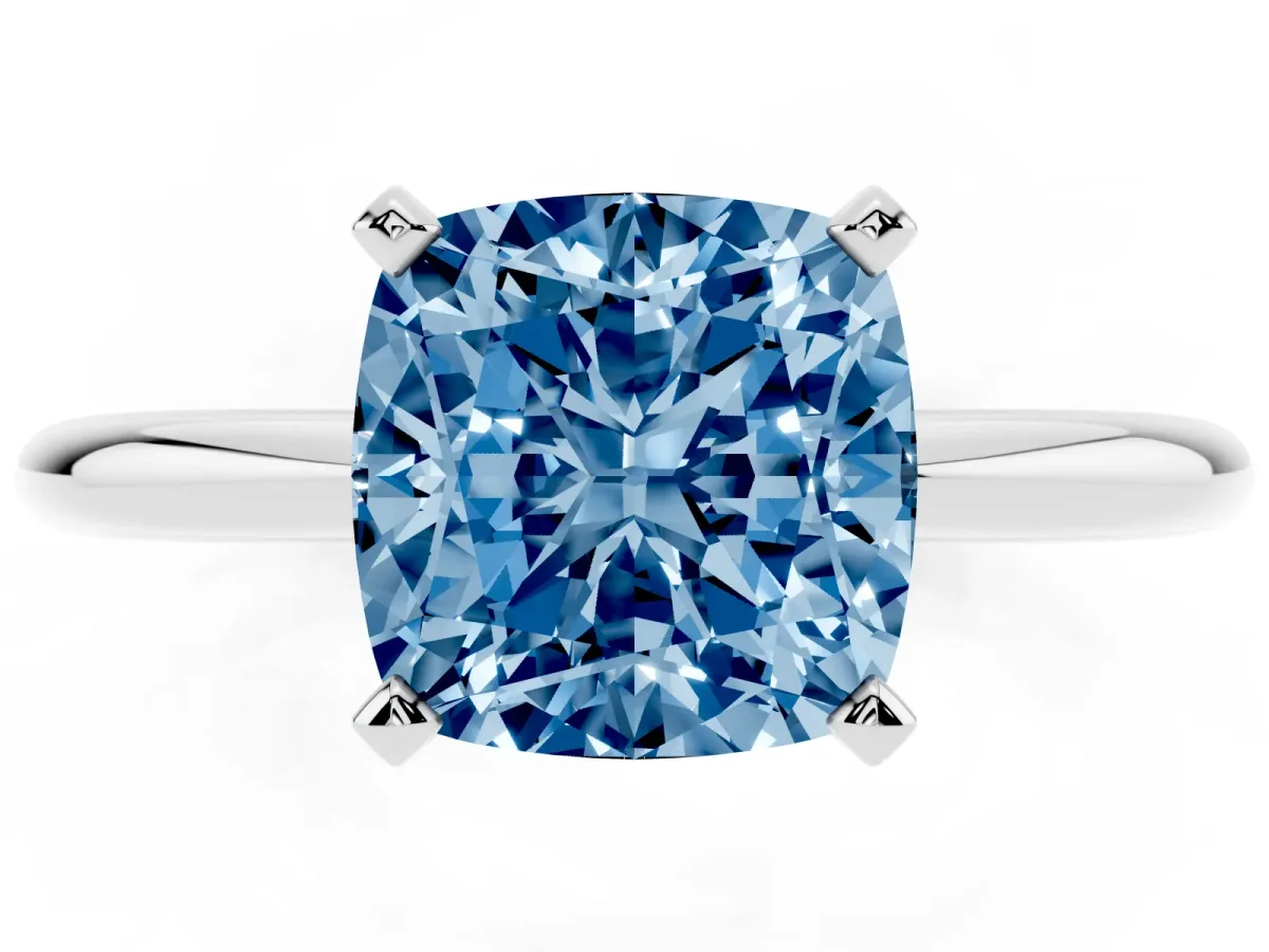 Fancy Blue Cushion Cut Diamond Solitaire Ring with Prong Setting and Classic Band Silver