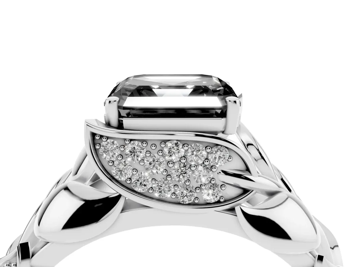 Fancy Black Asscher Cut Diamond Leaf-Inspired Engagement Ring with Round Accents and Prong Setting Silver