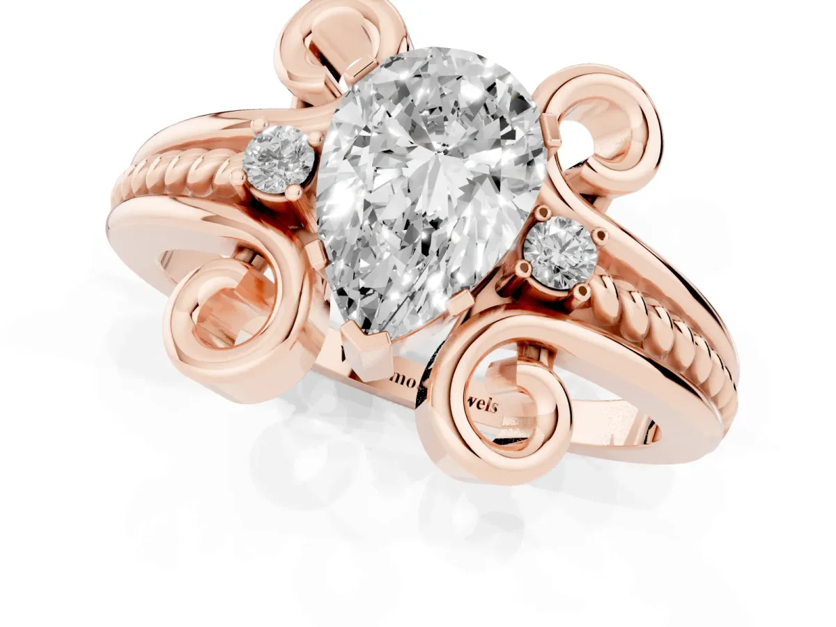 Pear Cut Solitaire Twisted Band Scroll Prong Ring Rose gold