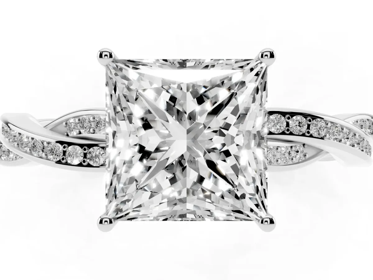 Princess Cut Solitaire Twisted Pave Diamond Ring with Four-Prong Setting Platinum