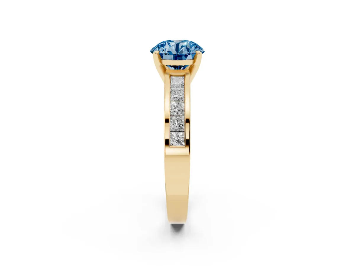 Fancy Blue Round Cut Solitaire Diamond Ring with Channel-Set Band and Four-Prong Setting Yellow gold