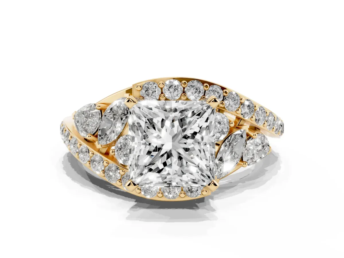 Princess Cut Diamond Halo Ring with Marquise and Pavé Band in Prong Setting Yellow gold
