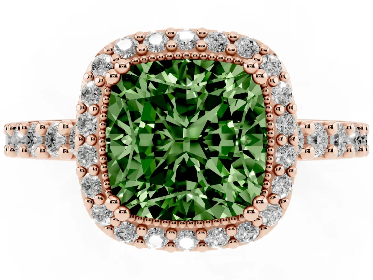 Fancy Green Cushion Cut Cut Diamond Halo Engagement Ring with Milgrain Detail and Pavé Band Rose gold