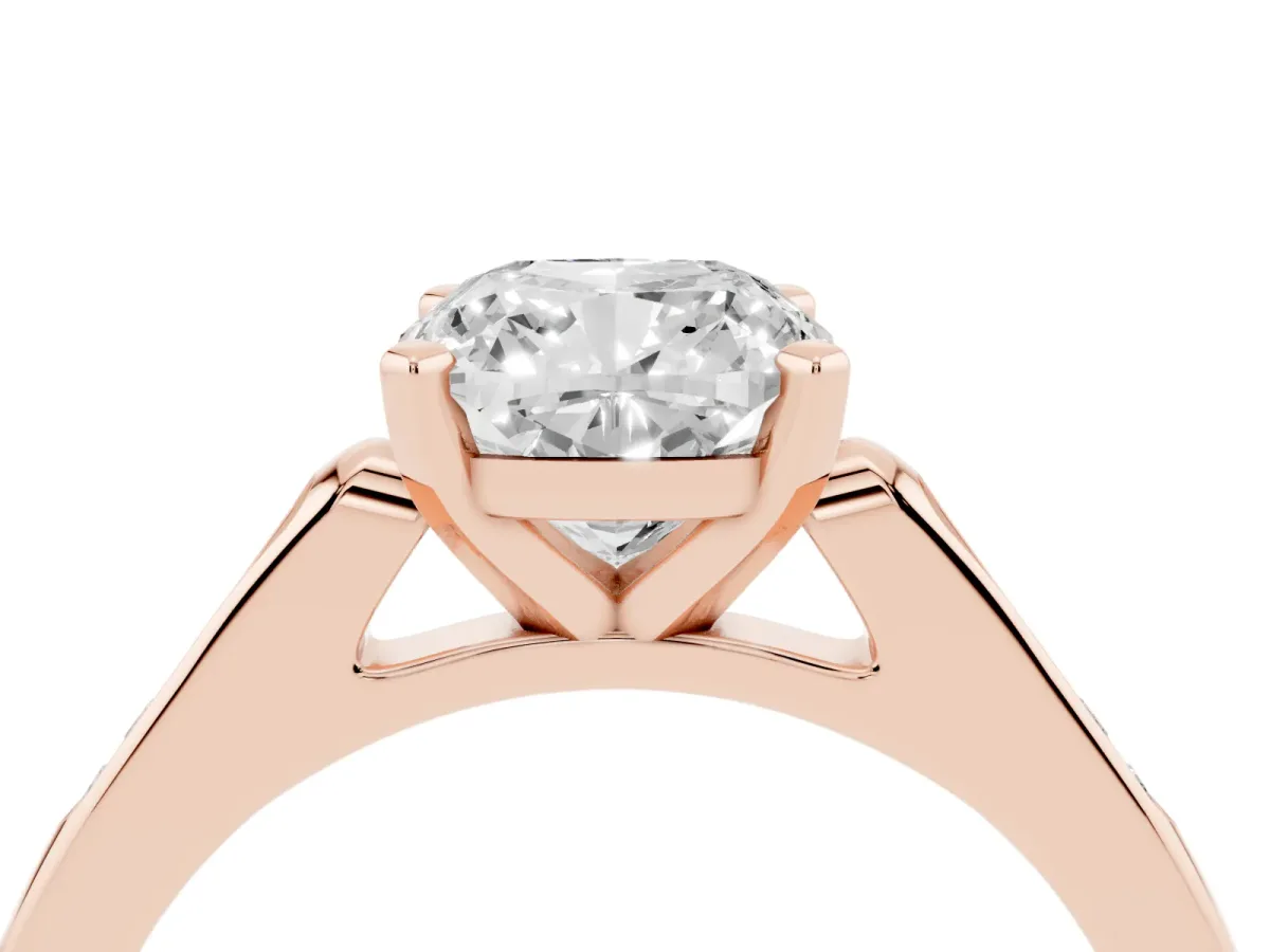 Cushion Cut Diamond Solitaire Ring with Channel Set Round Band and Prong Setting Rose gold