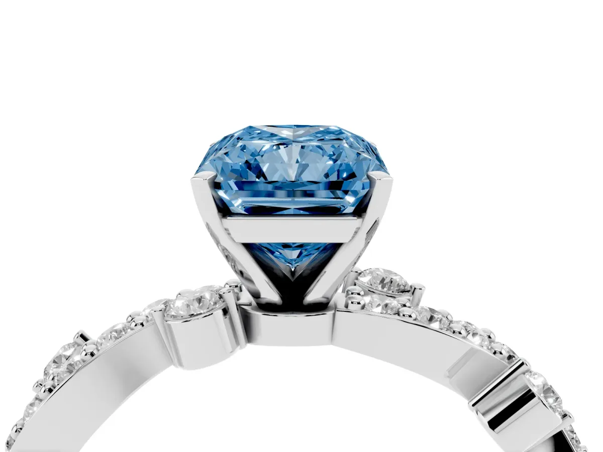 Fancy Blue Radiant Cut Cut Solitaire Diamond Twisted Band with Pave Setting Silver
