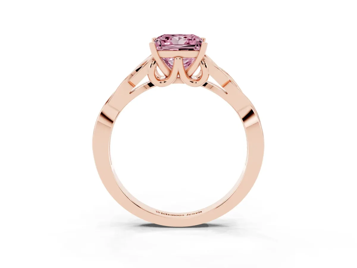 Fancy Pink Princess Cut Diamond Solitaire Engagement Ring with Celtic Knot Band and Four-Prong Setting Rose gold