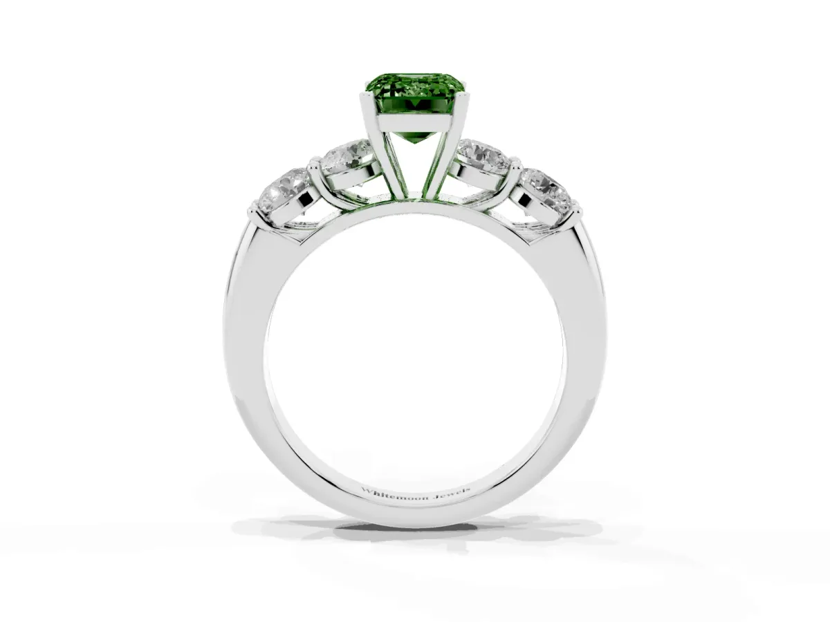Fancy Green Emerald Cut Cut Five-Stone Prong Set Diamond Ring with Classic Band Silver