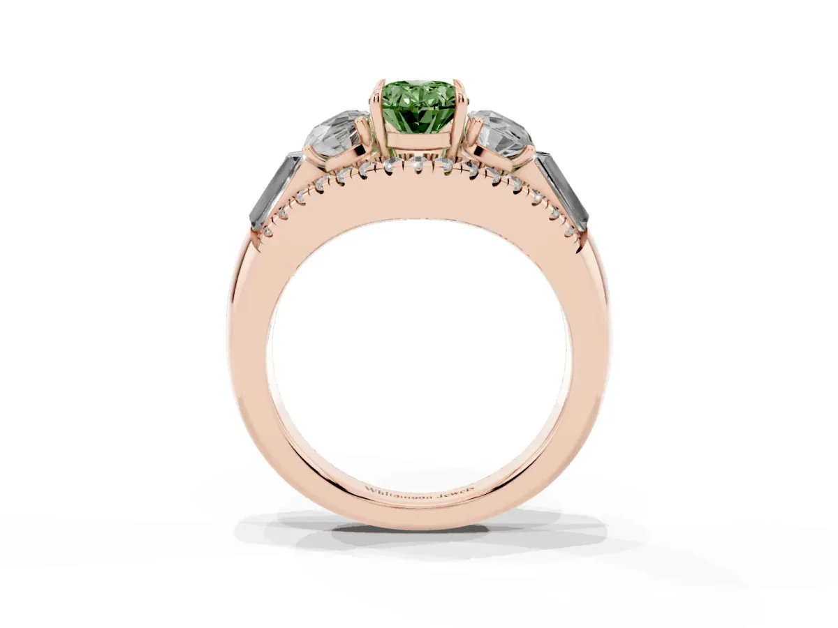 Fancy Green Three-Stone Oval Cut Diamond Engagement Ring with Pave Band and Prong Setting Rose gold