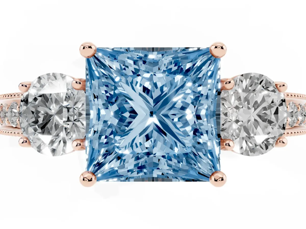 Fancy Blue Princess Cut Three-Stone Diamond Ring with Pavé Band and Four-Prong Setting Rose gold