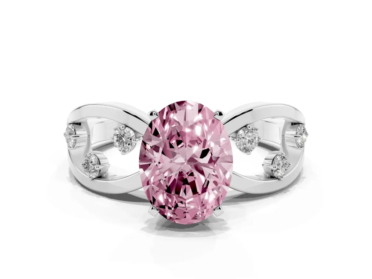 Fancy Pink Oval Cut Cut Solitaire Diamond with Side Stones on Criss-Cross Band and Four-Prong Setting Platinum