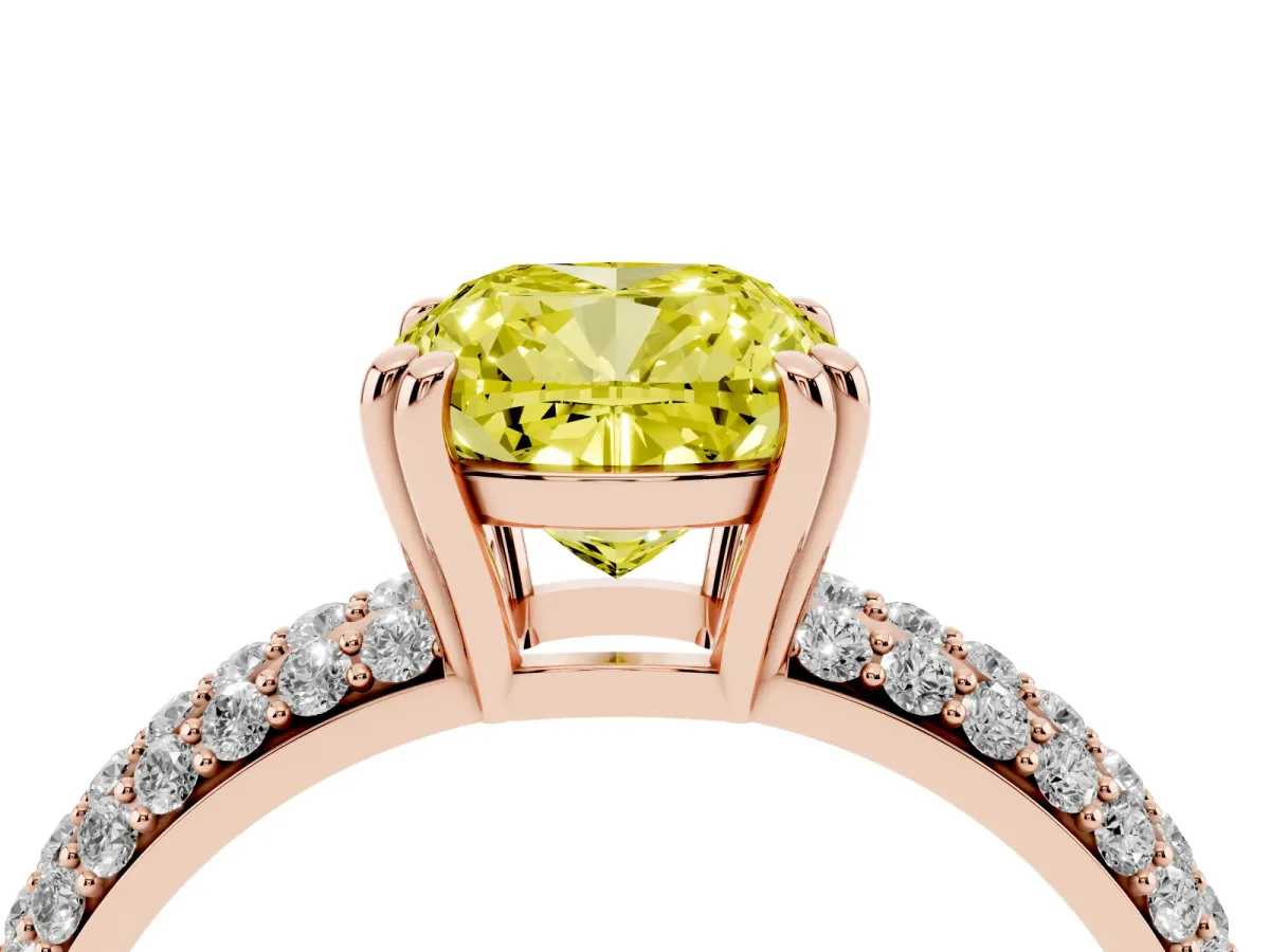 Fancy Yellow Cushion Cut Diamond Solitaire Ring with Multi-Row Round Pavé Band and Prong Setting Rose gold