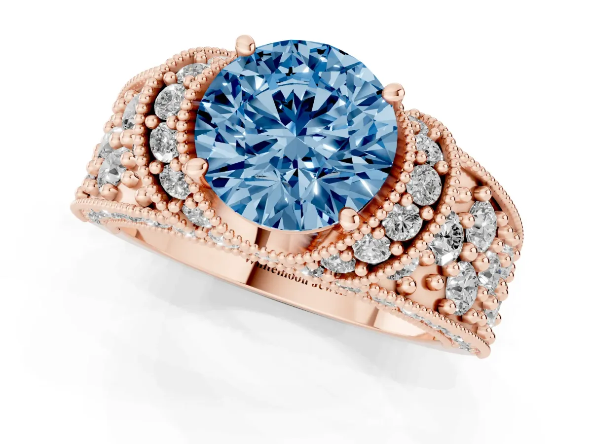 Fancy Blue Round Cut Halo Pave Diamond Engagement Ring with Milgrain Detailing Rose gold