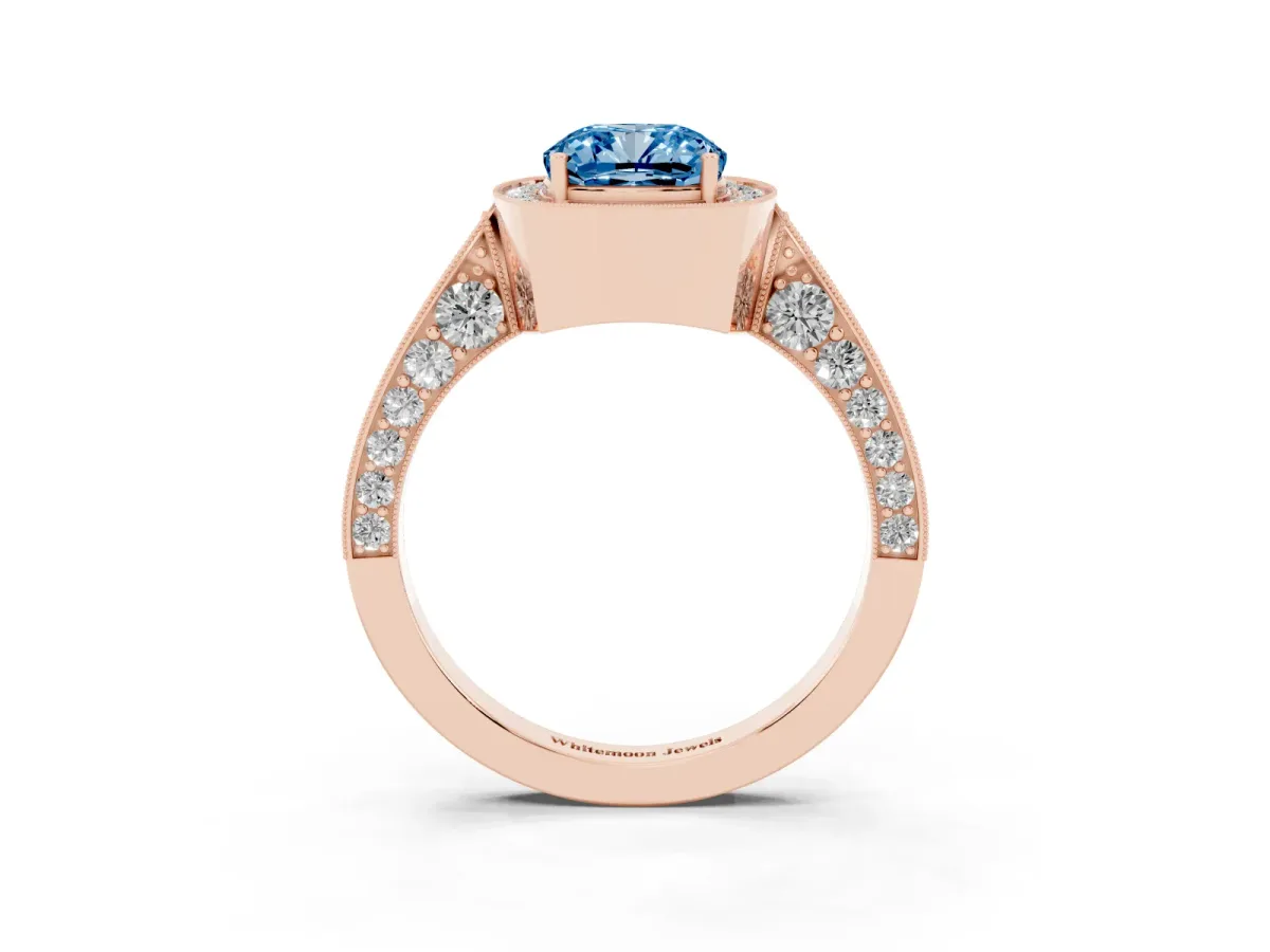 Fancy Blue Cushion Cut Halo Diamond Engagement Ring with Split Shank Band and Four-Prong Setting Rose gold