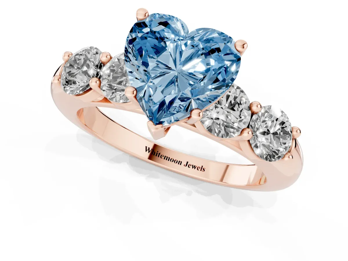 Fancy Blue Heart Cut Cut Five-Stone Prong Set Diamond Ring with Classic Band Rose gold