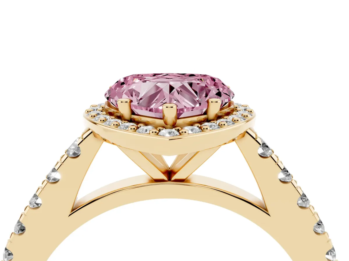 Fancy Pink Heart Cut Cut Halo Diamond Engagement Ring with Pave Band and Four-Prong Setting Yellow gold